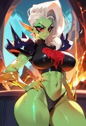 2d ai_generated big_breasts colored_skin crop_top female female_focus female_only green_skin lord_dominator panties pointy_ears solo solo_female solo_focus spikes tagme wander_over_yonder white_hair