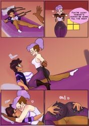 amity_blight comic comic_page dark_skin disney dyed_hair evil_raccoon grabbing kissing latina luz_noceda no_watermark pale_skin pointy_ears ponytail purple_hair short_hair the_owl_house witch