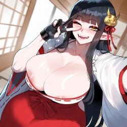 ai_generated black_hair breast brown-skinned_male curvy dark-skinned_male earrings hinoa huge_breasts juuicyai large_breasts long_hair massive_breasts monster_hunter monster_hunter_rise narrow_waist shiny thick_thighs wide_hips yellow_eyes