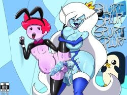 1boy 1boy1girl 1girls adventure_time against_wall ahe_gao anal anal_sex anal_sex balls belly big_balls big_breasts big_penis big_testicles blue_background blue_body blue_lipstick bowtie breasts bunny_ears bunnysuit cartoon_network cock_sleeve color commission crown cum cum_in_ass cum_inside ejaculation futa_on_male futanari garter_straps gloves heels holding_leg ice ice_queen_(adventure_time) inflation kiss_mark leg_up leggings long_eyelashes long_hair pegging penguin penis pink_body pink_hair pink_nipples prince_gumball sex sr_r18nsfw standing standing_sex teeth testicles thick_thighs tongue tongue_out white_hair