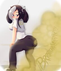 bending black_hair black_jeans curvy_ass dancing enjoying_farting fart fart_cloud fart_fetish farty_chan female funlitogc gassychan gassychan_(artist) gasychan_(artist) gina_(funlitogc) hands_on_knees movement_lines musical_note squatting thick_ass thick_thighs twerk twerking twerking_position twerking_to_music