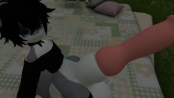 big_balls black_hair blue_eyes cock dick dick_bigger_than_body dick_out hard_cock huge_cock hyper_balls hyper_dick hyper_penis kneeling knot looking_at_viewer mrhighvoice nature outdoors outside penis picnic public_nudity scarf shark showing_penis unsheathed vrchat