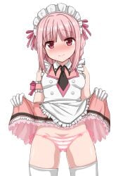 blush clothes_lift frilled_skirt frills gloves highres hime_cut kokubo magia_record:_mahou_shoujo_madoka_magica_gaiden mahou_shoujo_madoka_magica maid maid_headdress panties pink_eyes pink_hair skirt skirt_lift tamaki_iroha thighhighs underwear white_background white_gloves white_thighhighs