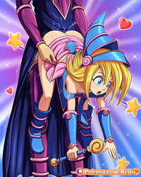 1boy blonde_hair blue_eyes cards clothed clothed_sex dark_magician dark_magician_girl faceless_male female from_behind open_eyes open_mouth reit shounen_jump size_difference skirt stab surprised toon yu-gi-oh!