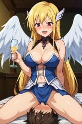 1girls ai_generated angel angel_wings astraea_(sora_no_otoshimono) bed bedroom big_breasts blonde_female blonde_hair blush cleavage collar facesitting indoor indoors light-skinned_female light_skin long_hair necklace open_mouth red_eyes sora_no_otoshimono wings