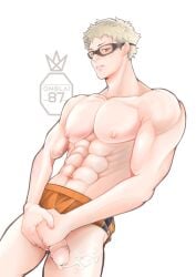 1boy abs blonde_hair blush cum genitals glasses haikyuu!! light-skinned_male light_skin male male_only muscles muscular muscular_male nipples onglai87 pecs pectorals penis pink_nipples solo solo_male sweat teenager tsukishima_kei yellow_eyes young younger_male