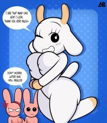 2024 absurd_res ambiguous_gender angry anthro areola_outline ass big_breasts biped black_eyes black_text blush bovid breasts bunny_maloney bunny_maloney_(character) candy_bunny caprine charlotte_(bunny_maloney) clenched_teeth cross-popping_vein dialogue english_text eyebrows eyelashes featureless_breasts featureless_crotch female goat group hands_together hi_res lagomorph leporid looking_at_another luanctoons mammal mouth_closed one_eye_closed open_mouth open_smile pink_body rabbit smile speech_bubble standing tail talking_to_another teeth text trio white_body white_butt white_eyes