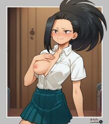 ai_generated big_breasts blush boku_no_hero_academia embarrassed momo_yaoyorozu my_hero_academia nipples public_nudity zotyfa