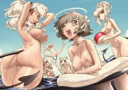 6+girls adjusting_hair angel animal_ears arms_up ass azazel_(helltaker) ball beach beachball breasts cerberus_(helltaker) completely_nude demon_girl demon_horns demon_tail dog_ears grey_hair hair_bun hair_ribbon hair_tie hair_tie_in_mouth halo haraya_manawari heart heart-shaped_pupils helltaker holding holding_ball holding_beachball horns large_breasts long_hair lucifer_(helltaker) medium_breasts midair modeus_(helltaker) mouth_hold multiple_girls navel nipples nude open_mouth partially_submerged partially_underwater_shot pussy ribbon short_hair single_hair_bun skinny_dipping smile splashing spread_legs stomach swim_ring symbol-shaped_pupils tail thigh_gap water wet wet_hair white_hair