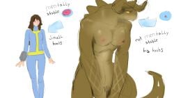 5_fingers absurd_res anthro bethesda_game_studios big_breasts breasts claws clothed clothed_female clothing deathclaw duo fallout female fingers hair hecreat hi_res human humor long_hair mammal meme microsoft no_pupils nude nude_anthro nude_female scalie simple_background tagme tail text vault_suit