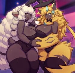 aurora_(nbanoob) big_breasts breasts bunnysuit cleavage female furry huge_breasts orangedog pokemon pokemon_(species) thick_thighs wide_hips wooloo zeraora