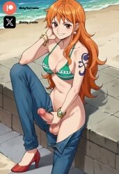 ai_generated big_breasts big_penis brown_eyes cock colored dick fluids futanari futanari/female nami nami_(one_piece) one_piece one_piece_girls orange_hair penis sexy sexy_body sexy_pose tattoo testicles white_body white_girl white_skin