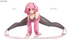 bending_forward bent_over blush doki_doki_literature_club embarrassed embarrassed_female jacket leggings looking_at_viewer natsuki_(doki_doki_literature_club) open_jacket petite petite_body petite_female pink_hair purple_eyes raionart short_hair slim_waist sports_bra sportswear spread_legs teenager thick_thighs track_suit wide_hips