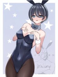 1girls bare_shoulders blue_eyes blushing_at_viewer bunny_ears bunnysuit detached_collar detached_sleeves eternal_polaris eyebrows_visible_through_hair looking_at_viewer no_bra open_mouth sankaku342 shutokou_battle strapless_leotard