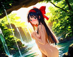 1girls big_breasts black_hair blush breast_hold breasts busty covering covering_breasts female female_only from_side grey_eyes hair_ribbon hi_res highres king_of_fighters large_breasts legs looking_at_viewer nakoruru nature navel nude samurai_shodown sensual snk solo thighs voluptuous water