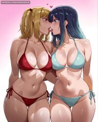 2girls ai_generated amane_misa arms_behind_back ass_visible_through_thighs bangs bare_shoulders bikini blonde_hair blue_bikini blue_eyes blue_hair blush breast_press breasts brown_eyes cleavage collarbone dandanhub death_note eye_contact female female_only french_kiss gradient gradient_background halterneck heart kissing kurokawa_akane large_breasts long_hair looking_at_another misa_amane multiple_girls navel open_mouth oshi_no_ko pink_background red_bikini side-tie_bikini_bottom stomach string_bikini sweat swimsuit thigh_gap tongue tongue_out yuri