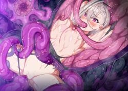 arms_up blush breasts censored crying fate/grand_order fate_(series) female glowing glowing_eyes green_hair grey_hair hair_between_eyes horosuke huyan_zhuo_(fate) large_breasts mosaic_censoring multicolored_hair nipple_stimulation nipple_tweak nipples oral purple_eyes rape see-through_clothes solo spread_legs streaming_tears tearing_up tears teeth tentacle tentacle_pit tentacle_sex torn_clothes vaginal_penetration