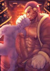 balls bara beard big_penis boner censored_penis christmas erection facial_hair fate/grand_order fate_(series) gay genta_iwayama huge_cock iskandar_(fate) male male_only muscles muscular penis penis_out red_hair