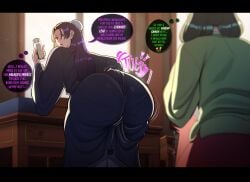 1boy 1girls big_ass big_butt blackwhiplash bwl femboy green_hair long_hair purple_eyes