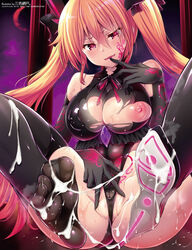 black_legwear black_stockings breasts cum cum_on_feet cum_on_soles feet foot_fetish gloves long_gloves nipples orange_hair pink_eyes sanshoku_amido soles stockings toes twintails