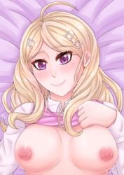 1girls akamatsu_kaede areolae big_breasts blonde_hair blush blushing breasts clothes danganronpa danganronpa_v3 female female_only hair hair_ornament heart heart-shaped_pupils human human_only large_breasts lewdlilies light-skinned_female light_skin long_hair looking_at_viewer lying lying_down lying_on_back lying_on_bed musical_note_hair_ornament new_danganronpa_v3 nipples pink_eyes shirt shirt_lift shirt_up smile smiling smiling_at_viewer solo solo_female straight_hair wholesome