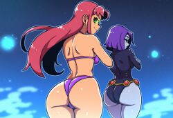 2girls ai_generated alien alien_girl big_ass big_butt dat_ass dc dc_comics demon_girl duo female grey_body grey_skin half_demon leotard mullon novelai orange_body orange_skin raven_(dc) solo starfire superheroine tamaranean teen_titans thick_thighs