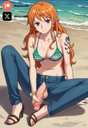 ai_generated big_breasts big_penis brown_eyes clothing cock colored dick fluids futa_only futanari futanari/female light_skin nami nami_(one_piece) one_piece one_piece_girls orange_hair penis sexy sexy_body sexy_pose tattoo testicles