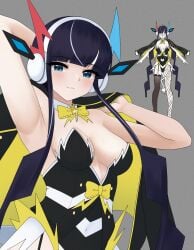 1girls alternate_costume armpits arms_behind_head big_breasts blue_eyes breasts busty cleavage covered_navel doiparuni dress elesa_(pokemon) female female_only highres large_breasts legs long_hair nintendo parted_lips pokemon purple_hair seductive seductive_look seductive_smile smile solo thighs voluptuous