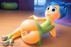 , 1girls ai_generated anus ass blue_eyes blue_hair clothes_lift disney dress dress_lift from_behind green_dress hi_res inside_out inside_out_2 joy_(inside_out) loli looking_back lying no_panties on_side pixar progenarts pussy short_dress short_hair smile solo uncensored watermark web_address window