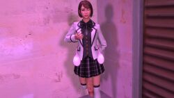 3d asian asian_female bowl_cut bowtie brown_hair buttoned_shirt clothed cock_out condom cum_in_condom filled_condom futa_only futanari hand_on_breast jacket large_cock like_a_dragon_(series) non-erect purple_fingernails ryuu_ga_gotoku saeko_mukouda sfm skirt small_breasts soft_cock solo solo_futa source_filmmaker thighhighs wink winking winking_at_viewer