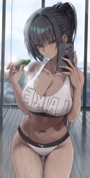 1girls big_ass big_breasts big_butt breasts grey_hair gym gym_uniform selfie sweat sweating thick_thighs thighs vape