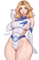 absurdres blonde_hair blue_eyes breasts earrings elbow_gloves fantastic_four female finger_heart forehead gloves heart highres jewelry kayav large_breasts lips long_hair looking_at_viewer marvel marvel_rivals navel pussy simple_background smile solo standing sue_storm thick_thighs thighs white_background white_gloves