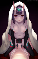 1boy 1girls bangs black_legwear blanket blush breasts collarbone cowgirl_position cum cum_in_pussy cum_inside detached_sleeves eyebrows_visible_through_hair eyeliner fate/grand_order fate_(series) female forehead_jewel fundoshi gradient gradient_background headpiece heart horns japanese_clothes looking_at_viewer low_twintails makeup navel nipples oerba_yun_fang oni oni_horns open_mouth penis pointy_ears purple_eyes purple_hair pussy sex short_eyebrows short_hair short_twintails shuten_douji_(fate) small_breasts smile solo_focus straddling straight thighs topless twintails uncensored vaginal_penetration zen33n zen_o_(zen33n)