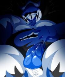 animal_genitalia animal_penis balls blue_penis canine_penis close-up clothed clothing cum cum_on_penis deltarune erection glacierk gloves humanoid king_spade knot looking_at_viewer lying male male_only on_back open_mouth overweight penis precum sharp_teeth smile solo stomach_mouth teeth thick_thighs tongue tongue_out vein veiny_penis video_games