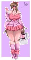 big_breasts cellphone cleavage headgear heels original_character pink_outfit shopping_bag skirt sophie_queen11 sweater thick_thighs