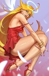 1girls 2024 blonde_hair blue_eyes bracelets dress earrings female female_only heels long_hair looking_at_viewer panties_around_legs panty_&_stocking_with_garterbelt panty_anarchy red_dress rim_jims smiling smiling_at_viewer solo