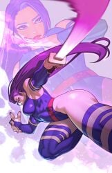 1girls 2024 armwear ass female female_only hi_res katana leotard long_hair looking_at_viewer marvel marvel_comics psylocke purple_eyes purple_hair rim_jims solo sword thighs x-men