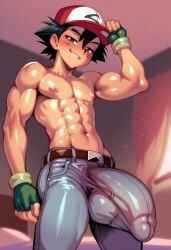 abs ai_generated ash_ketchum bedroom big_bulge bulge cocky69 game_freak jeans looking_at_viewer male_focus male_only muscles muscular muscular_male nintendo pants_bulge pokemon pokemon_trainer satoshi_(pokemon) sexy shirtless smug smug_face solo solo_male