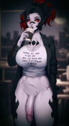 1futa absurd_res au_ra big_breasts black_hair black_scales black_sclera bottomless cup drinking final_fantasy final_fantasy_xiv futa_only futanari hand_in_pocket hizzacked horns looking_at_viewer nightie penis red_eyes red_highlights scales scars silvia_drachma solo tank_top text_on_clothing tied_hair white_body