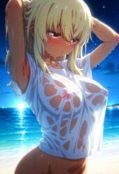 1girls ai_generated armpits arms_behind_head beach big_breasts blonde_hair blush bottomless breasts brown_eyes covered_nipples enormous_breasts higa_kana large_ass long_hair nipples okinawa_de_suki_ni_natta_ko_ga_hougen_sugite_tsurasugiru out_of_frame_censoring outdoors see-through showing_ass solo uncensored wet wet_clothes wet_shirt