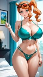 1girls ai_generated big_breasts blue_eyes bra breasts female female_focus female_only ginger ginger_hair hair hearts jiuyang-hsien large_breasts light-skinned_female light_skin lingerie massive_breasts nintendo orange panties pokemon ponytail short_hair solo sonia_(pokemon) underwear