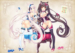 2girls :3 :o bell_collar black_hair blue_eyes breasts brown_eyes cat_ears cat_tail catgirl chained chains chocola_(sayori) collar high_heels long_hair multiple_girls nekopara no_bra no_panties open_mouth sayori standing tagme toeless_legwear vagina vanilla_(sayori) white_hair