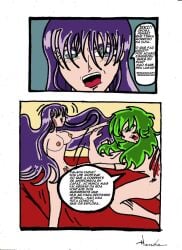 1boy 1girls andromeda_shun areolae athena_(saint_seiya) breasts bronze_saints deity duo female female_focus goddess green_hair long_hair long_hair_female long_hair_male male male/female nipples open_mouth purple_hair saint_seiya saori_kido shounen_jump shueisha toei_animation weekly_shonen_jump weekly_shounen_jump