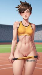 1lifepoint ai_generated brown_eyes brown_hair erect_nipples erect_nipples_under_clothes highres navel overwatch overwatch_2 petite pussy short_hair short_shorts shorts skinny small_breasts sports_bra thin_waist tracer undressing video_game_character video_games