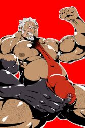 amatsumara_(tokyo_afterschool_summoners) balls bara big_bulge bulge facial_hair flaccid flexing male male_only muscles muscular penis precum precum_through_clothing solo solo_male tetsu_jin69 tokyo_afterschool_summoners