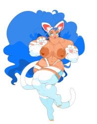 big_breasts big_muscles blue_hair capcom cat_ears cat_tail catgirl claws commoddity darkstalkers fangs felicia_(darkstalkers) green_eyes muscular muscular_female