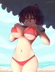 1girls artist_request beach big_breasts bikini breasts busty cleavage clothes_lift constricted_pupils covered_erect_nipples female female_only highres large_breasts legs lifting_own_clothes ocean original red_bikini shirt_lift solo source_request surprised swimsuit thighs undressing voluptuous water wide-eyed yukino_akaihi