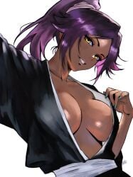 1girls anime anime_style bleach bleach:_the_thousand-year_blood_war breasts dark-skinned_female dark_skin female female_only medium_breasts no_bra open_clothes open_shirt ponytail purple_hair qaismelon selfie shihouin_yoruichi yellow_eyes