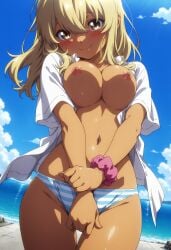 ai_generated big_ass big_breasts blonde_hair blush blush_lines blushing_at_viewer breasts_out brown_eyes cameron_(artist) dark-skinned_female female_focus female_only higa_kana large_breasts long_hair nipples okinawa_de_suki_ni_natta_ko_ga_hougen_sugite_tsurasugiru pov schoolgirl undressing undressing_self