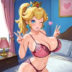 ai_generated bedroom blonde_hair blue_eyes bra cleavage condom crown double_v earrings large_breasts lingerie lips mario_(series) one_eye_closed panties princess_peach stable_diffusion wink winking_at_viewer